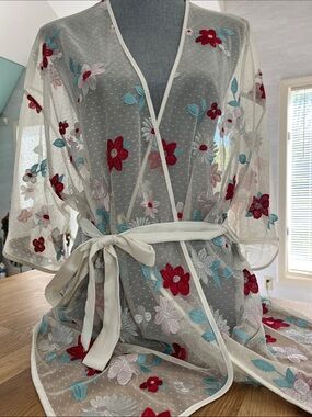 Sheer Embroidered Floral Kimono Robe in Ivory with Red & Blue Accents